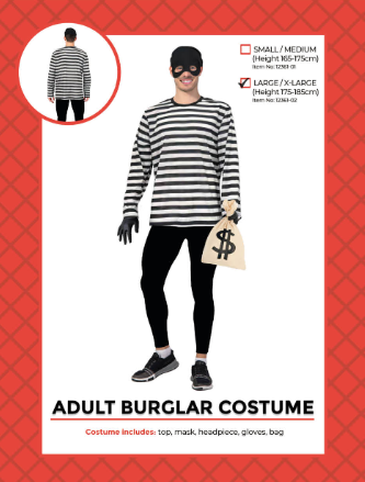 Adult Burglar Costume – 5 Piece Set