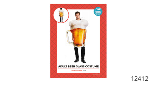 Adult beer glass costume tunic with golden beer print, a large handle detail and white froth-style top, shown on one-size packaging.
