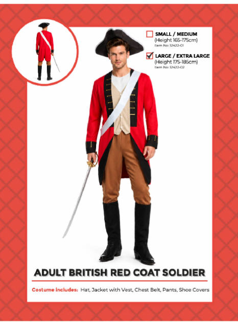 Adult British Red Coat Soldier Costume Large/Extra Large