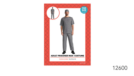 Adult black-and-white striped prisoner costume with short-sleeved top, matching pants and striped hat.