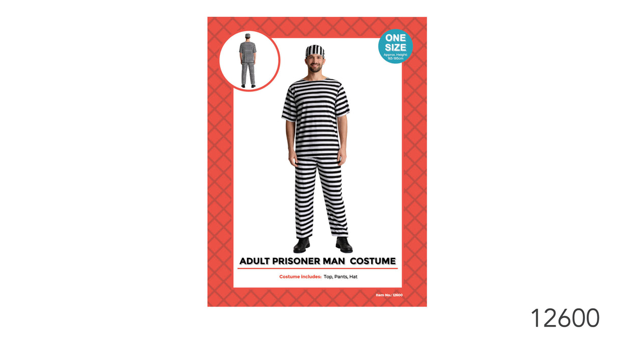 Adult black-and-white striped prisoner costume with short-sleeved top, matching pants and striped hat.