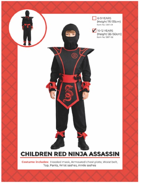 Childrens Red Ninja Assassin Costume 10-12 Years