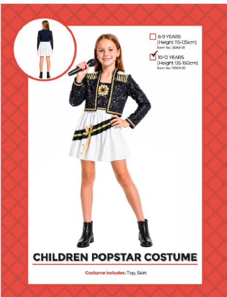 Children Pop Star Costume Size 10-12 Years