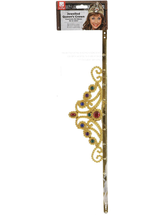 Smiffys jewelled Queen's Crown displayed with its packaging and multicoloured faux jewels
