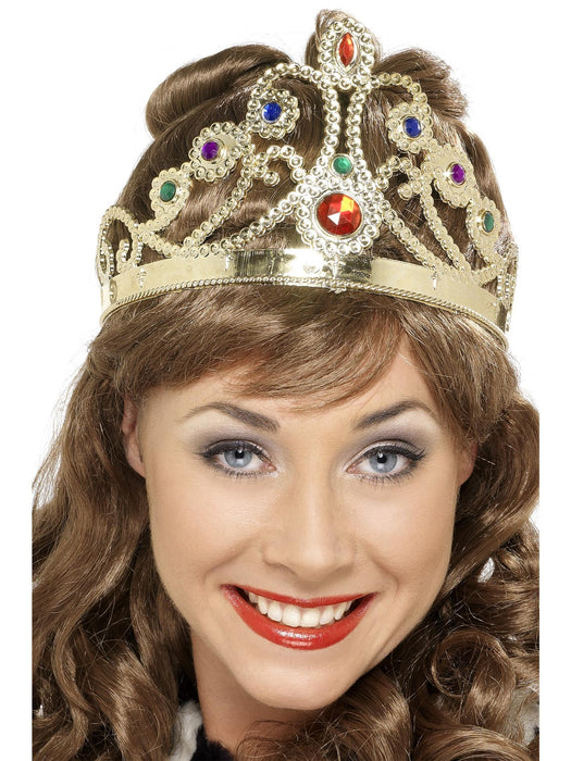Adult model wearing a gold-coloured Queen's Crown with multicoloured faux jewels