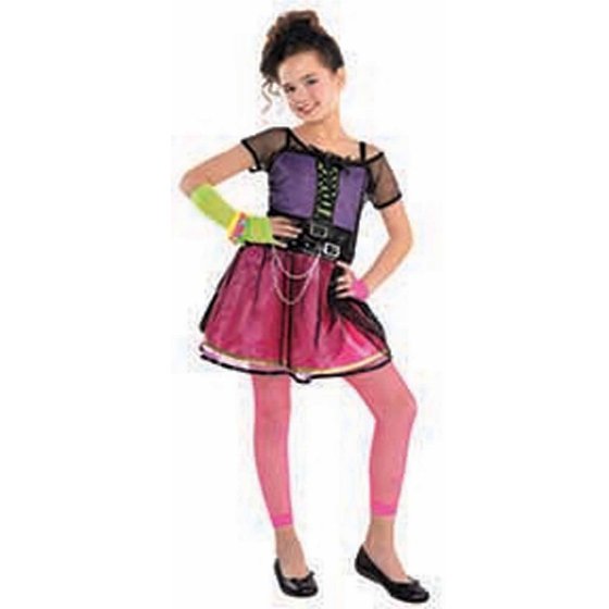 Teen wearing a colourful purple, pink and black Pop Star Dress Costume for ages 14 plus