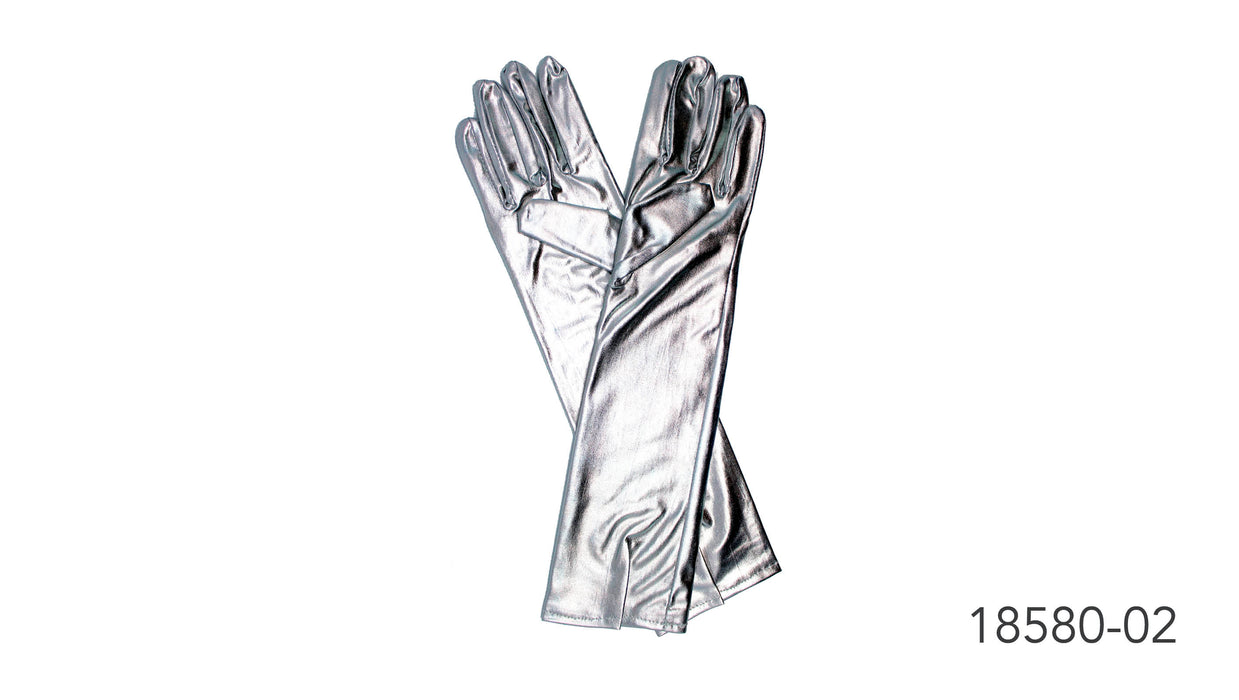 Pair of long metallic silver costume gloves, 42cm