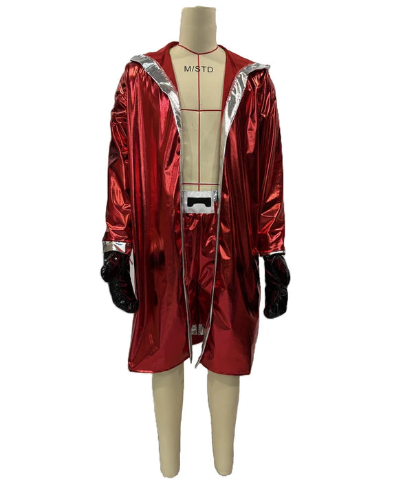 Front view of red Boxing Champion costume on mannequin showing silver trim and black gloves
