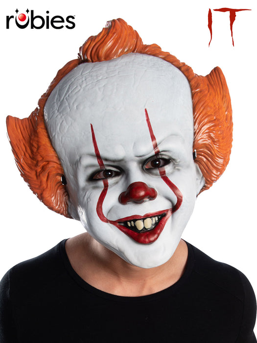 Adult IT Pennywise mask with pale face, red markings, sinister grin and moulded orange hair