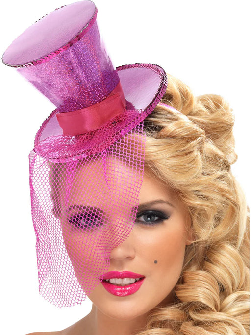 Fever Mini Top Hat on Headband, Hot Pink with Detachable Netting