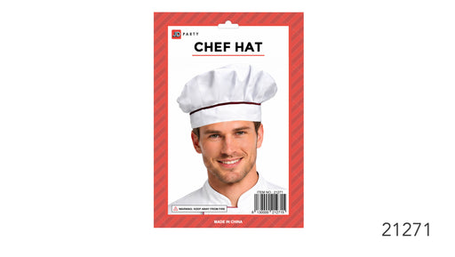 Deluxe white chef hat with pleated crown and maroon trim band, JD Party packaging