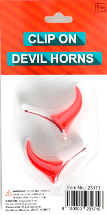 Pair of red clip-on devil horns in JD Party costume accessory packaging.