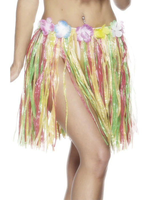 Hawaiian Hula Skirt, Multi-Coloured with Flowers, Elasticated Waist, 46cm/18 inches