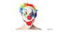 White clown mask with a red nose and mouth, blue and green eye markings and a curly rainbow wig.