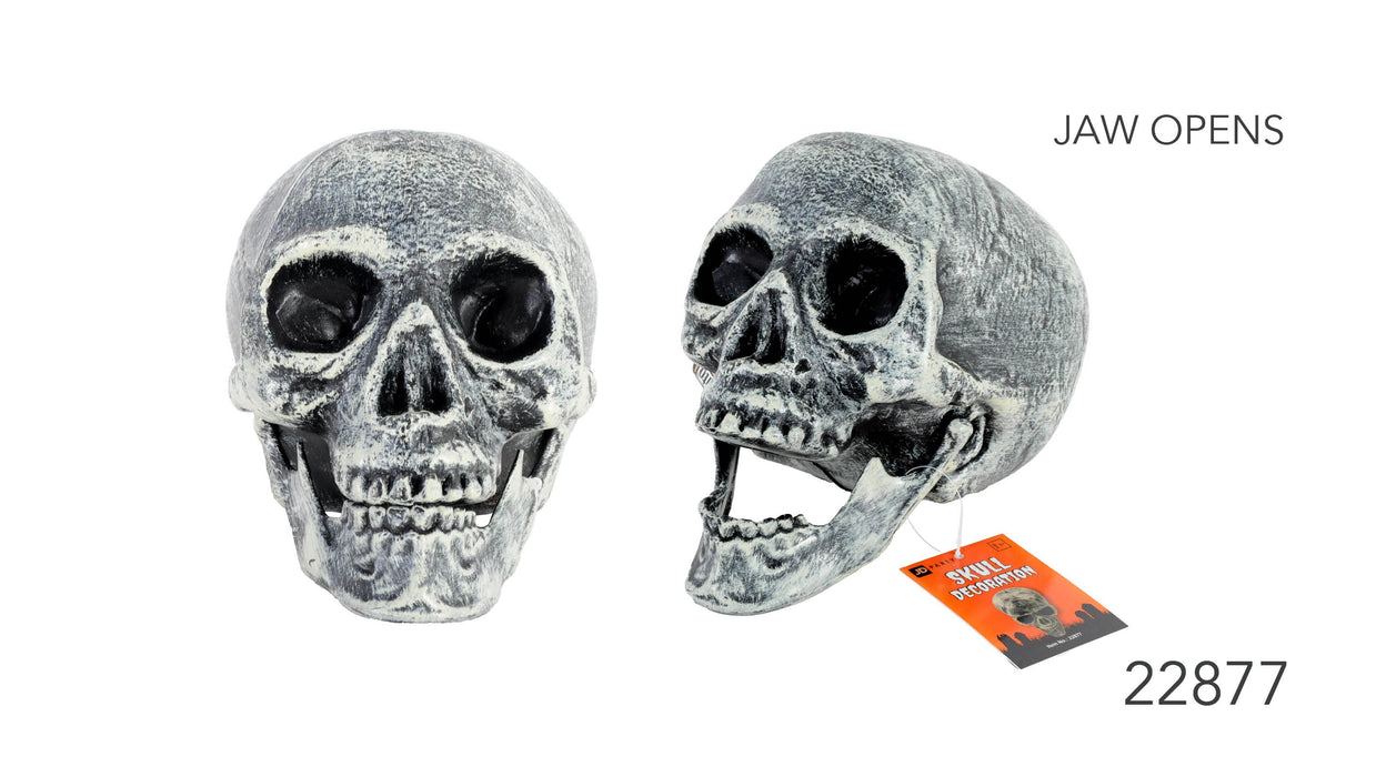 Front and angled views of a grey and white skull decoration, showing its jaw closed and open.