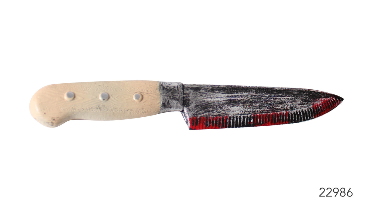 28cm plastic costume knife with a light-coloured handle, dark blade and red blood-effect detailing.