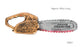 Plastic chainsaw costume prop with distressed gold-tone handle, silver-coloured blade and red detailing, approximately 40 cm long.