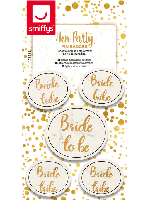 Hen Party Pin Badges, White & Gold Pack Of 5