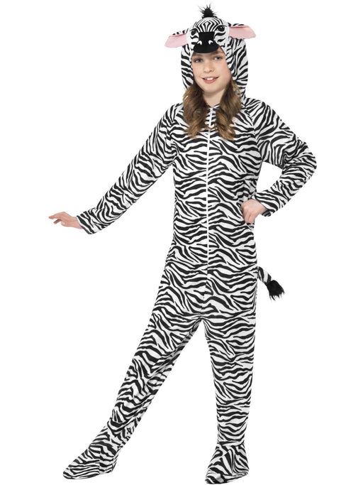 Children's Zebra Costume, Black & White with Hooded Jumpsuit Small