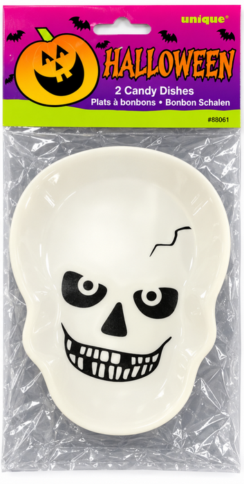 Pack of two white skull-shaped Halloween lolly dishes with black facial details, shown in original packaging marked 88061.