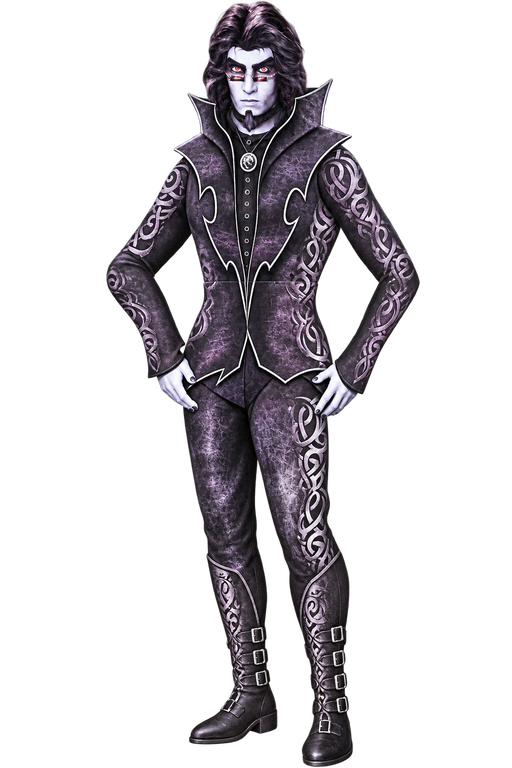 Gothic Prince Halloween cutout featuring a pale-faced character in an ornate purple-and-black outfit with silver-coloured patterns, a high collar and buckled boots.