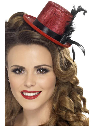 Mini Tophat, Red with Black Ribbon and Feather