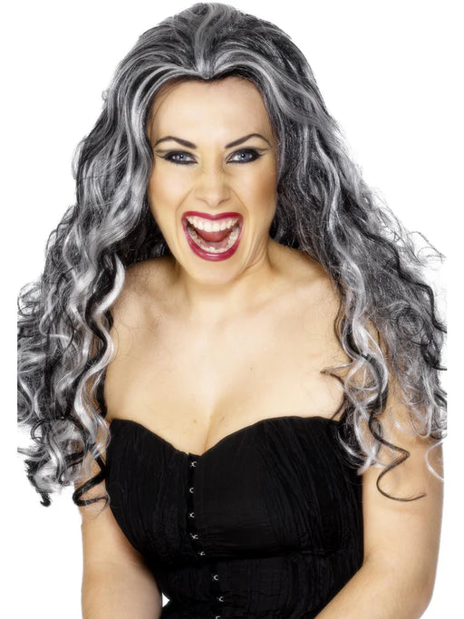Renaissance Vamp Wig, Black & White Long & Curly