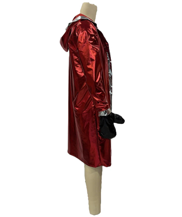 Side view of shiny red Boxing Champion costume and hooded jacket