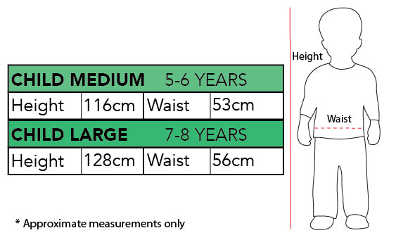 Scary Clown size chart: Large 7–8 years height 128 cm and waist 56 cm; Medium 5–6 years height 116 cm and waist 53 cm