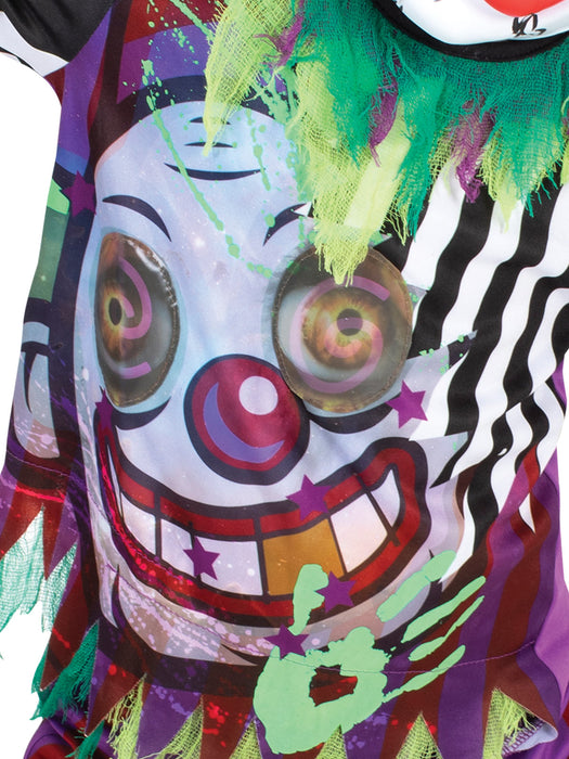 Close-up of lenticular clown eyeballs, mesh collar and green handprint detail on costume top