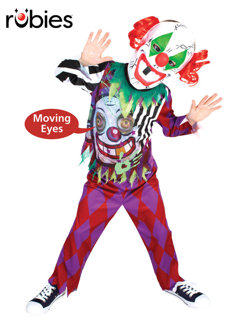 Scary Clown costume with colourful printed top, red and purple trousers and evil clown mask with red hair