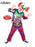Scary Clown costume with colourful printed top, red and purple trousers and evil clown mask with red hair