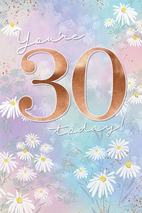 Elegance 30th birthday card with white daisies, a pastel pink, lilac and blue-green background, copper-coloured number 30 and You're 30 today wording.