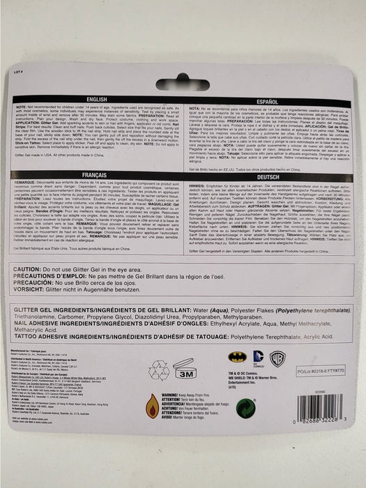 Batgirl Beauty Accessory Kit - back of packaging showing ingredients and multilingual instructions for glitter gel, nail adhesive and tattoo adhesive