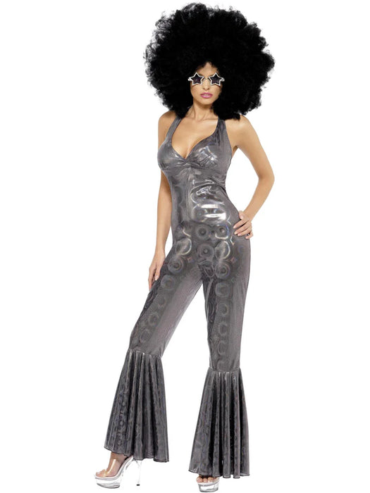 Disco Diva Costume, Silver, Flared Jumpsuit M