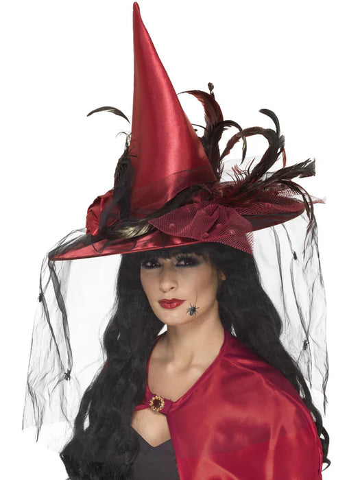 Witch Hat, Deep Red, with Net &amp; Feathers, Deluxe
