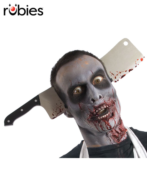 Plastic blood-splattered cleaver-through-head headband shown with zombie make-up and outfit not included