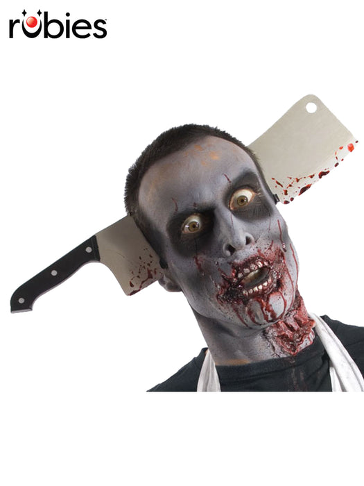 Plastic blood-splattered cleaver-through-head headband shown with zombie make-up and outfit not included