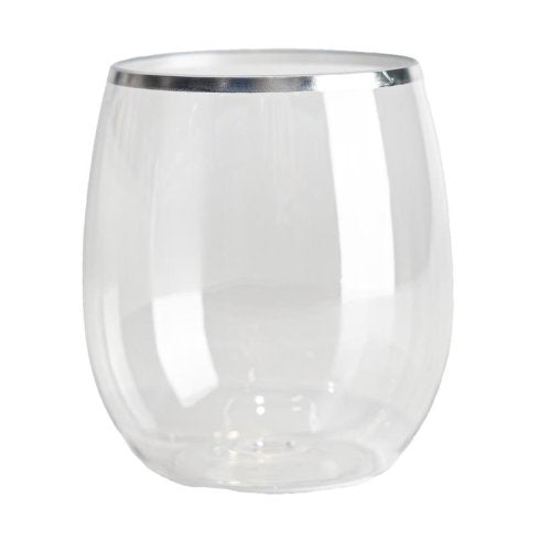 Silver Trim Plastic Stemless Wine Glass 350ml Box 6