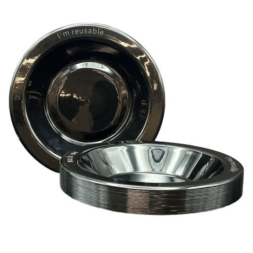 Black reusable 18 cm bowls shown individually and in a stack