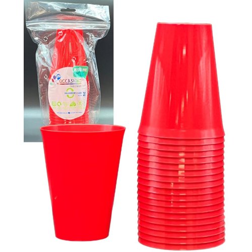 Red 285ml reusable plastic cups with retail packaging, a single cup and nested stack