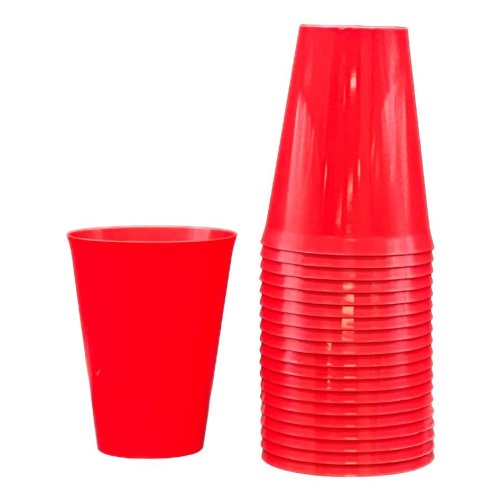 Red 285ml reusable plastic cup beside a nested stack of cups, 20-pack