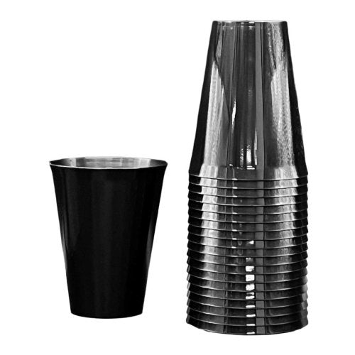 Black plastic party cups shown individually and in a stack