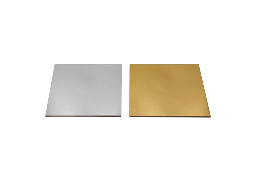 Gold and silver 200mm square FSC cake boards for cake decorating, pack of 3