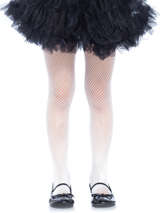 Coco children's white fishnet tights in size L, shown with a black skirt and black shoes