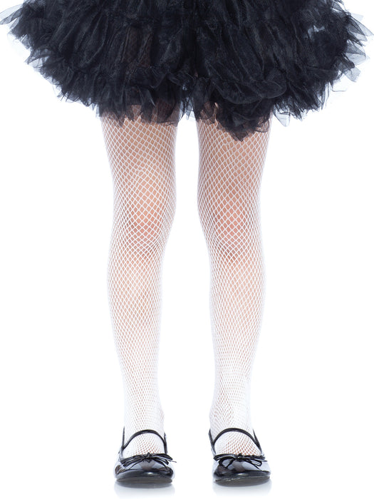 Coco children's white fishnet tights in size L, shown with a black skirt and black shoes