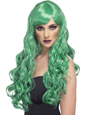 Desire Wig, Green, Long, Curly with Fringe