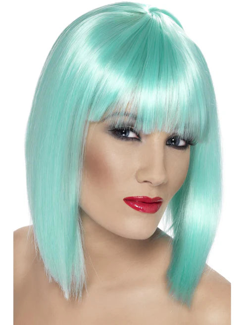 Glam Wig, Neon Aqua Short, Blunt with Fringe