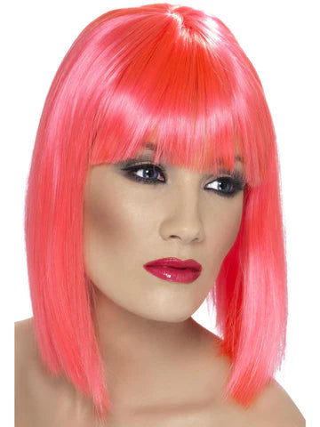 Glam Wig, Neon Pink Short, Blunt with Fringe