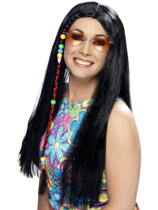 Hippy Party Wig, Long with Coloured Beads Black